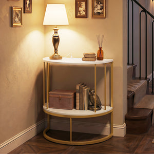 2-Tier Half Moon Console Table with Power Outlets and Storage Shel for Hallway-White view 3
