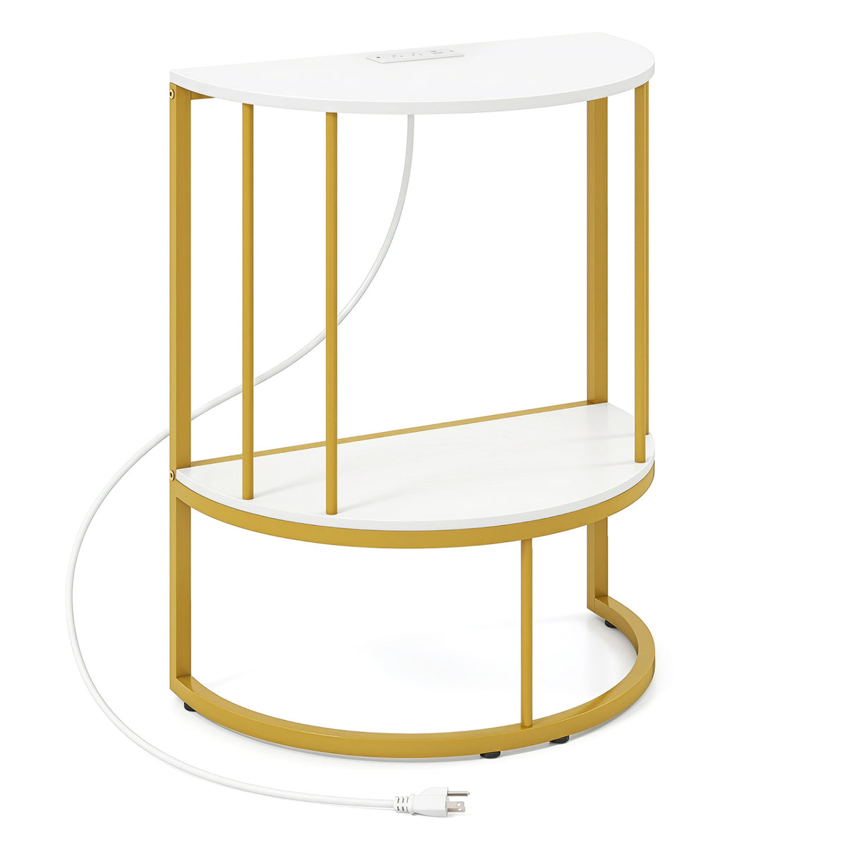 2-Tier Half Moon Console Table with Power Outlets and Storage Shel for Hallway-White view 4