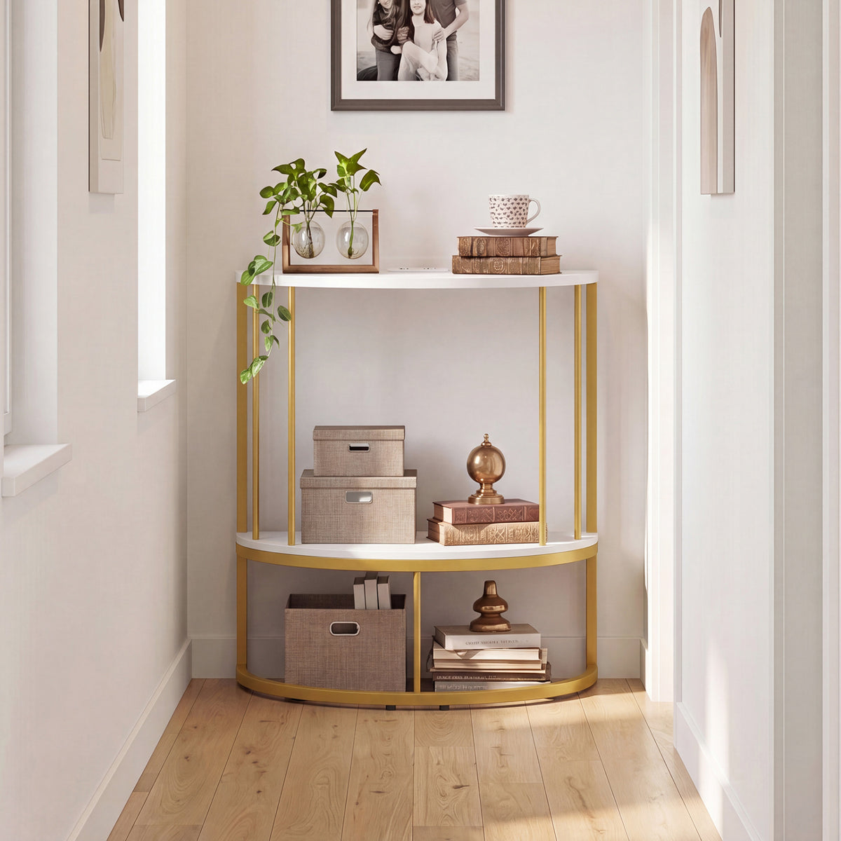 2-Tier Half Moon Console Table with Power Outlets and Storage Shel for Hallway-White view 6