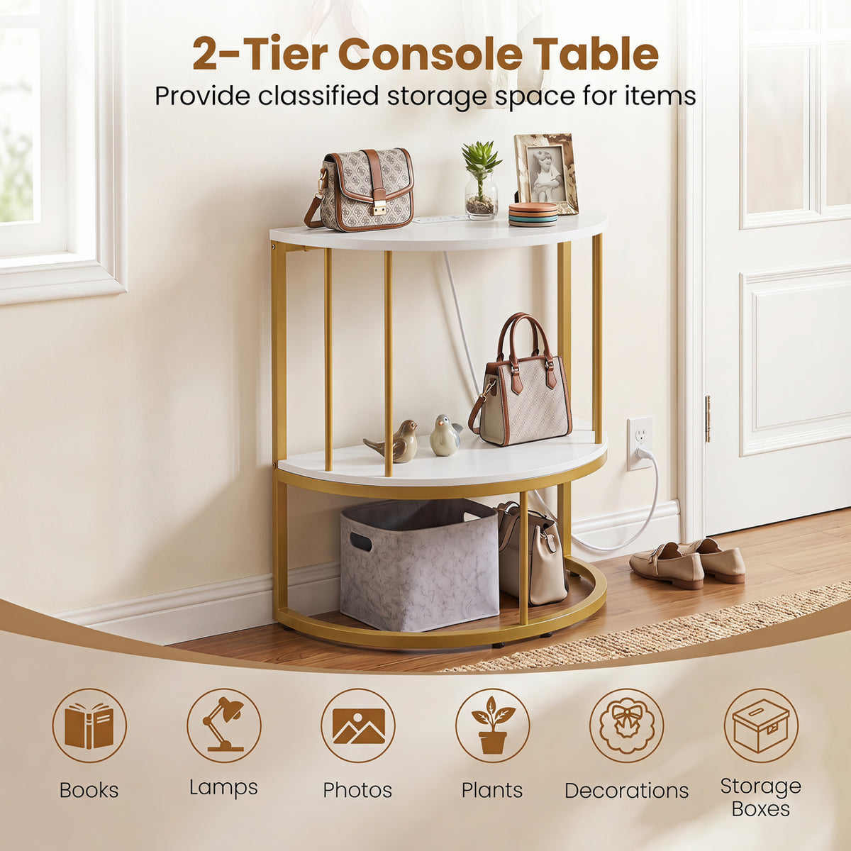 2-Tier Half Moon Console Table with Power Outlets and Storage Shel for Hallway-White view 7
