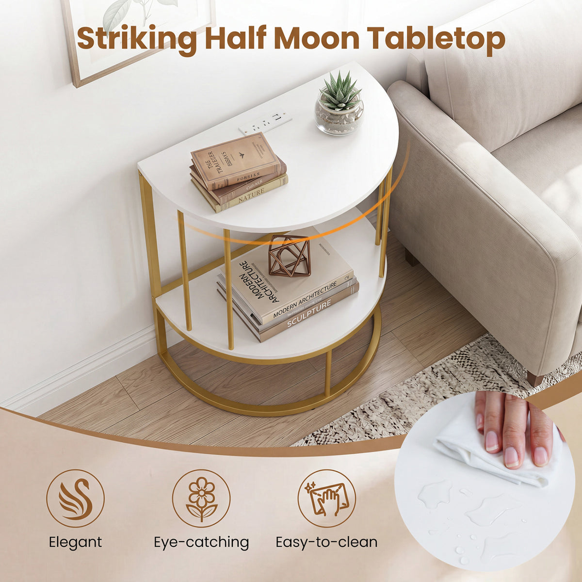 2-Tier Half Moon Console Table with Power Outlets and Storage Shel for Hallway-White view 9