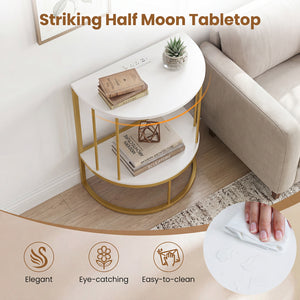 2-Tier Half Moon Console Table with Power Outlets and Storage Shel for Hallway-White view 9
