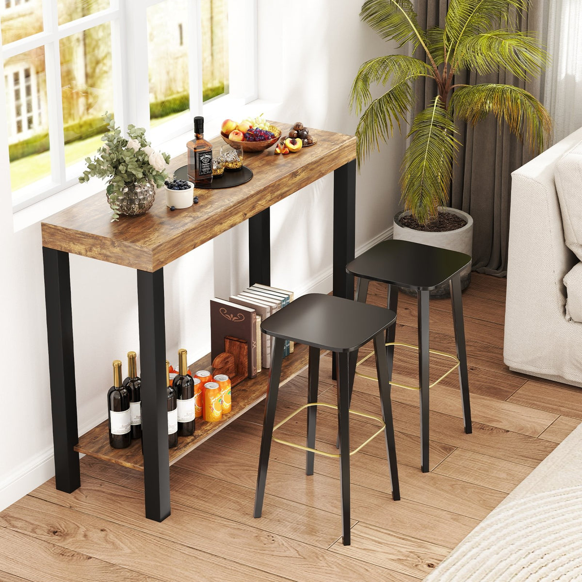 2-Tier Home Bar Table with Open Shelves and Storage for Home Kitchen Living Room Pub-Rustic Brown view 3