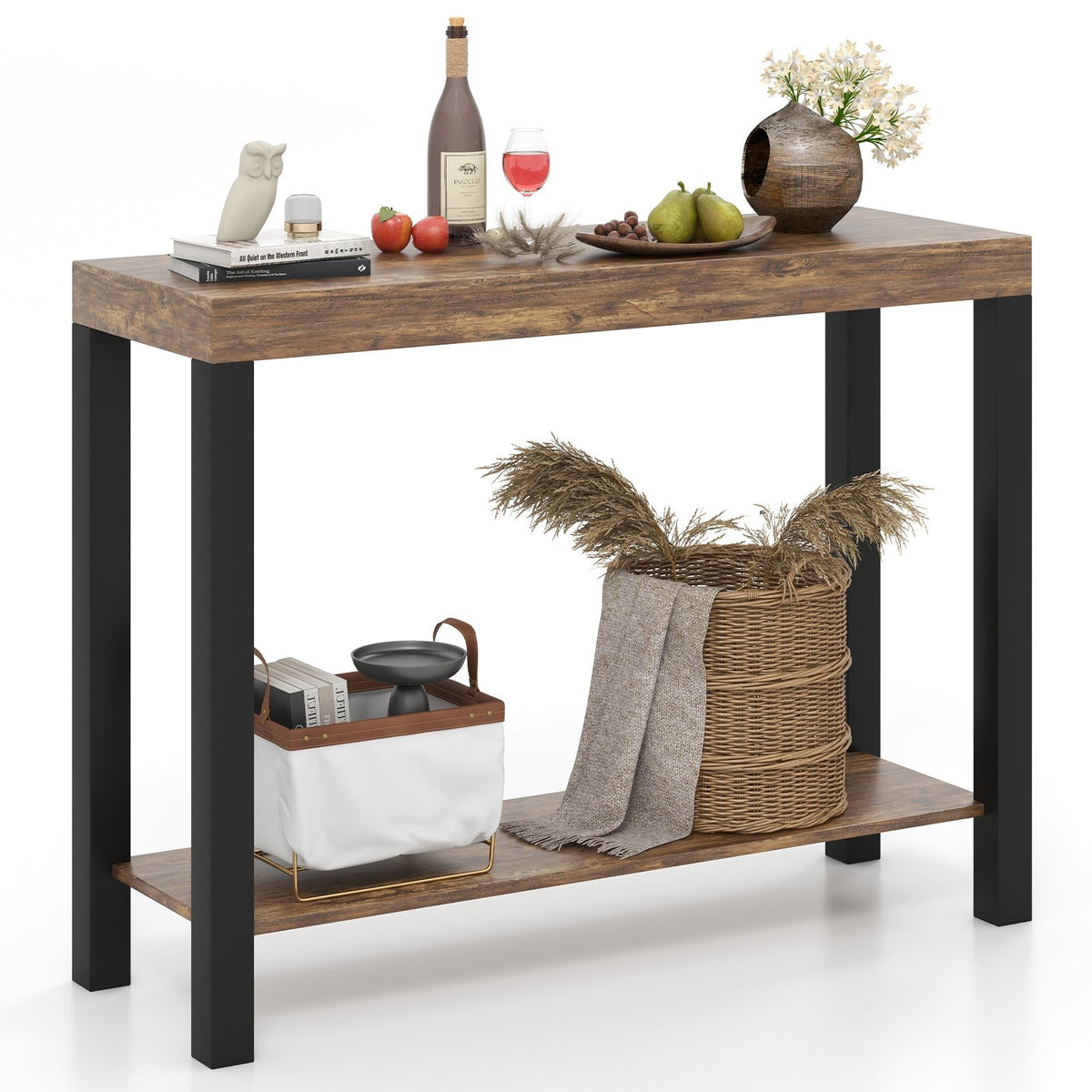 2-Tier Home Bar Table with Open Shelves and Storage for Home Kitchen Living Room Pub-Rustic Brown view 4