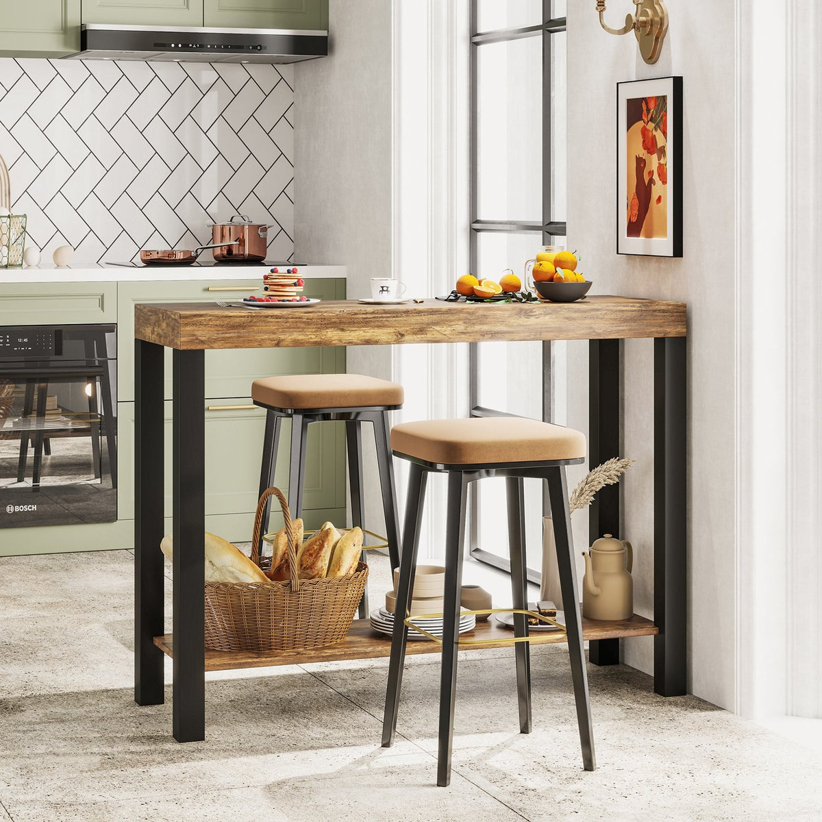 2-Tier Home Bar Table with Open Shelves and Storage for Home Kitchen Living Room Pub-Rustic Brown view 6