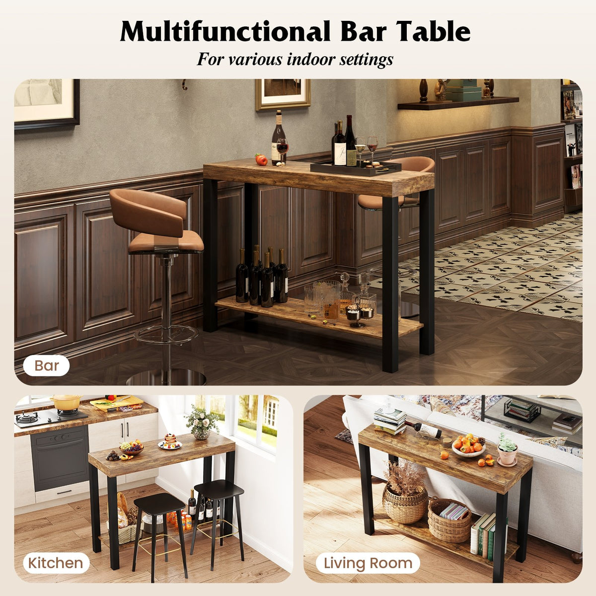 2-Tier Home Bar Table with Open Shelves and Storage for Home Kitchen Living Room Pub-Rustic Brown view 7