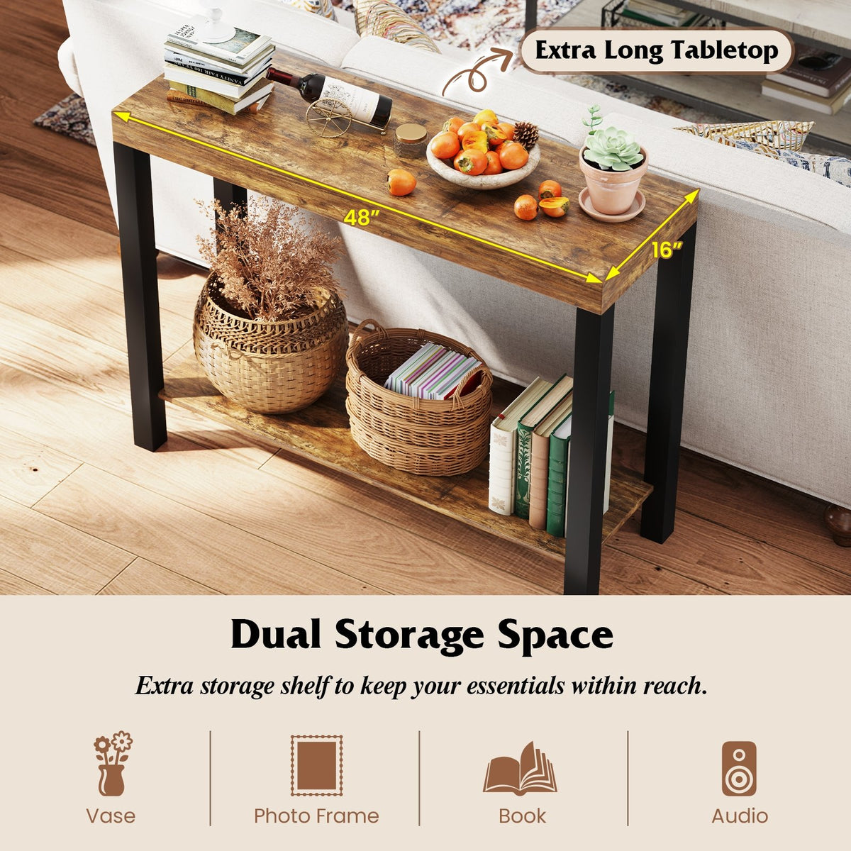 2-Tier Home Bar Table with Open Shelves and Storage for Home Kitchen Living Room Pub-Rustic Brown view 8