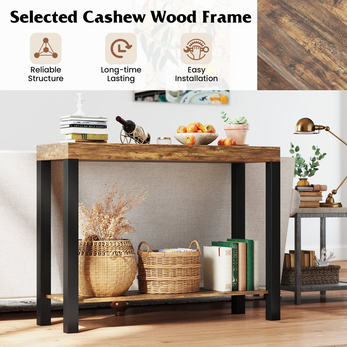2-Tier Home Bar Table with Open Shelves and Storage for Home Kitchen Living Room Pub-Rustic Brown view 9