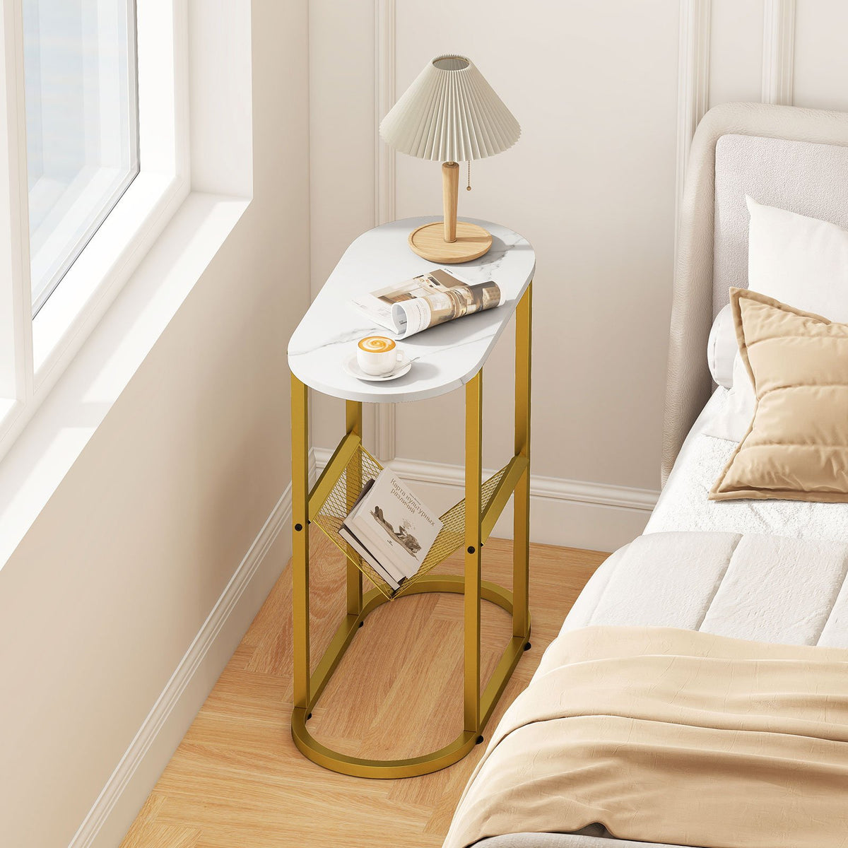2-tier Industrial Oval Side Table with Mesh Shelf-White view 2