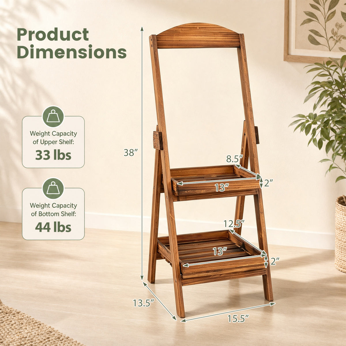 2-Tier Ladder Shelf Rustic Plant Stand with Fir Wood Frame-Rusticbrown view 5