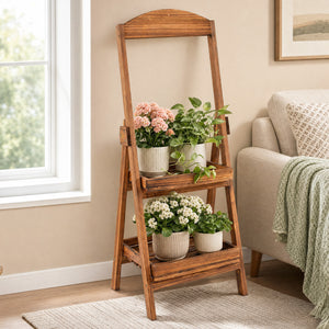 2-Tier Ladder Shelf Rustic Plant Stand with Fir Wood Frame-Rusticbrown view 6