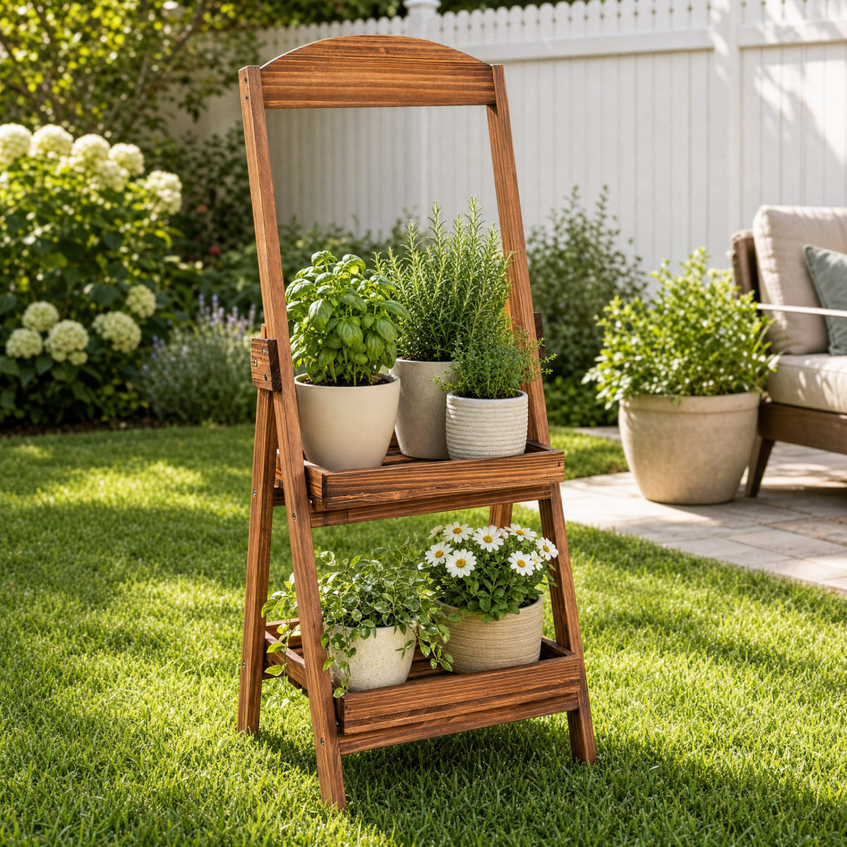 2-Tier Ladder Shelf Rustic Plant Stand with Fir Wood Frame-Rusticbrown view 7