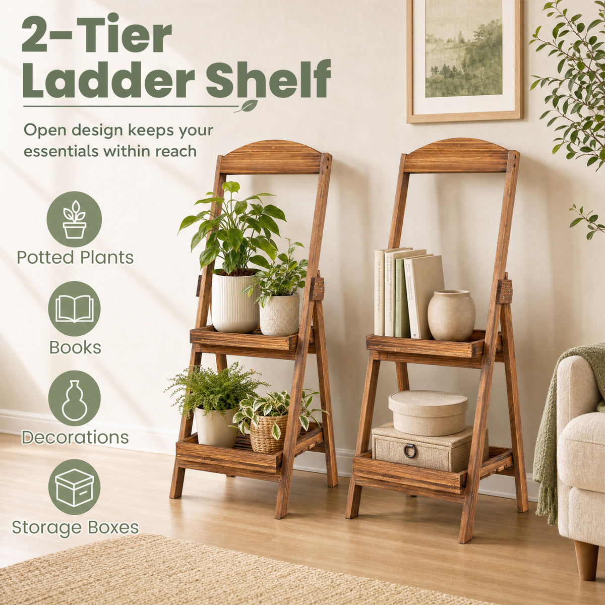 2-Tier Ladder Shelf Rustic Plant Stand with Fir Wood Frame-Rusticbrown view 8