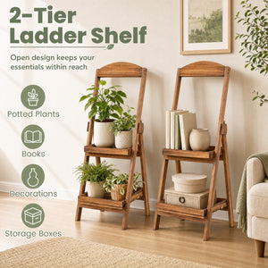2-Tier Ladder Shelf Rustic Plant Stand with Fir Wood Frame-Rusticbrown view 8