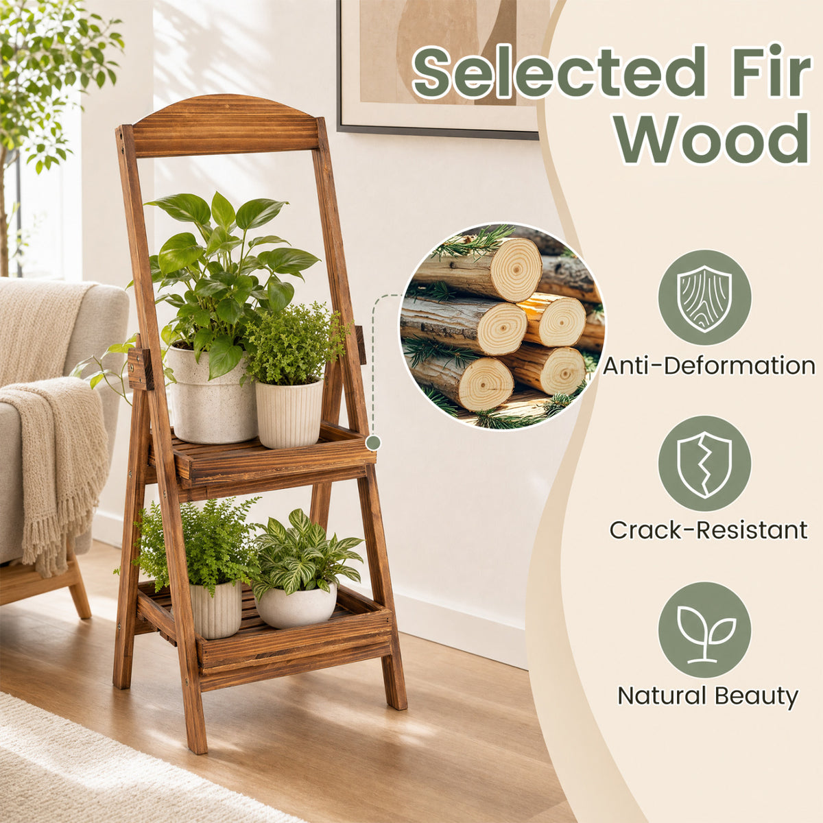 2-Tier Ladder Shelf Rustic Plant Stand with Fir Wood Frame-Rusticbrown view 9
