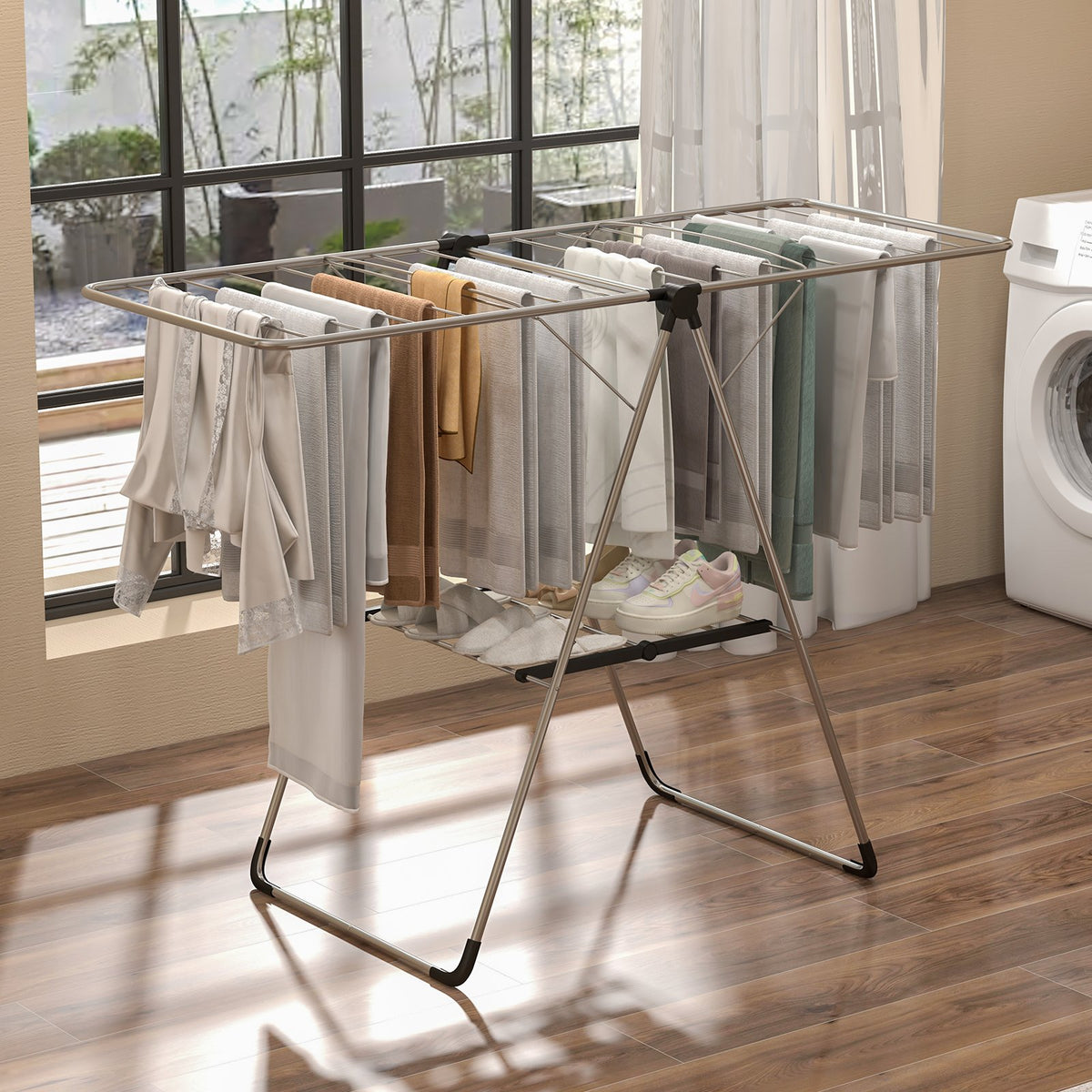 2-Tier Laundry Drying Rack Folding Cloth Rack with Aluminum Frame view 2