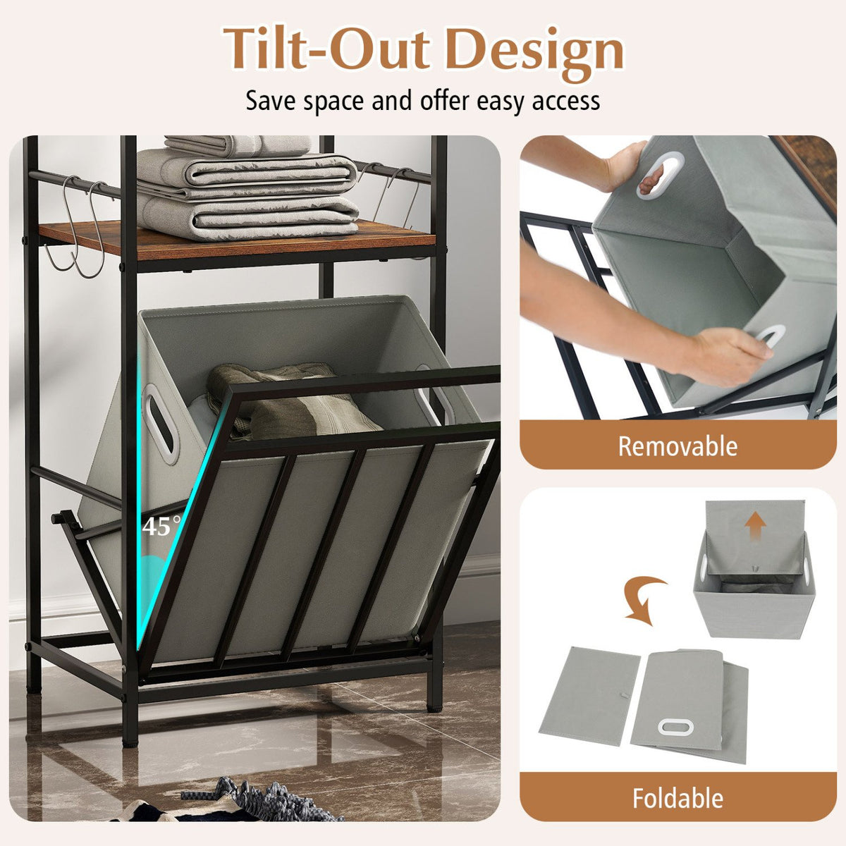 2-Tier Laundry Hamper with Tilt-out Basket-Black view 7