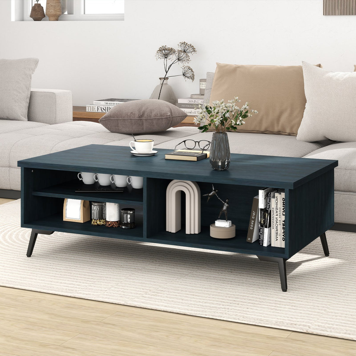 2-Tier Mid Century Modern Coffee Table with Storage Shelves Compartments-Blue view 2