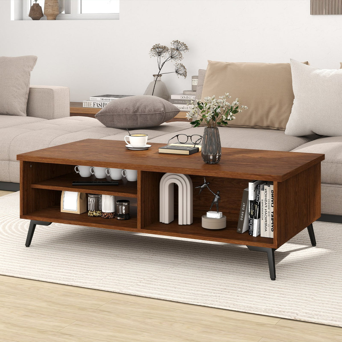 2-Tier Mid Century Modern Coffee Table with Storage Shelves Compartments-Walnut view 2