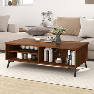 2-Tier Mid Century Modern Coffee Table with Storage Shelves Compartments-Walnut view 2