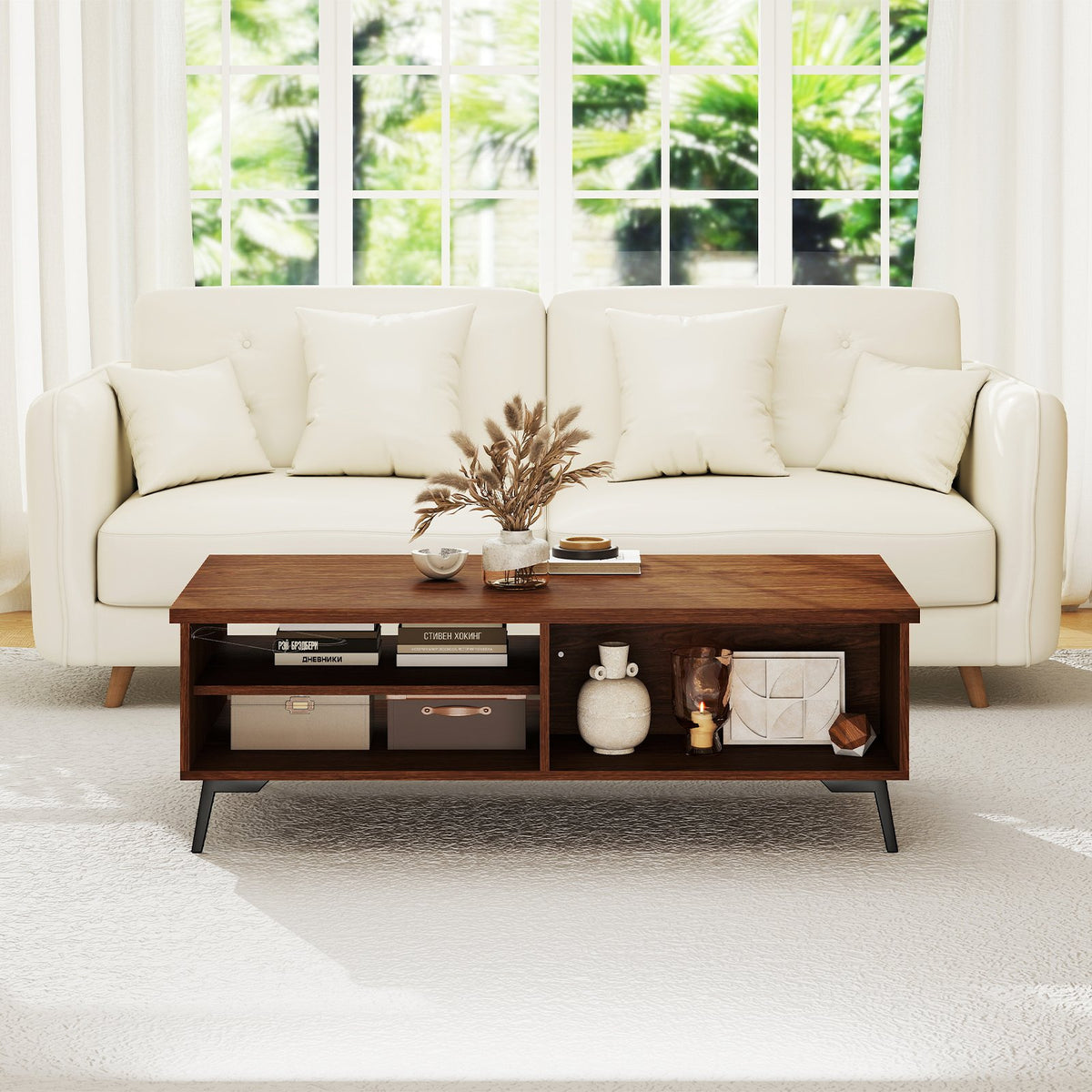 2-Tier Mid Century Modern Coffee Table with Storage Shelves Compartments-Walnut view 3