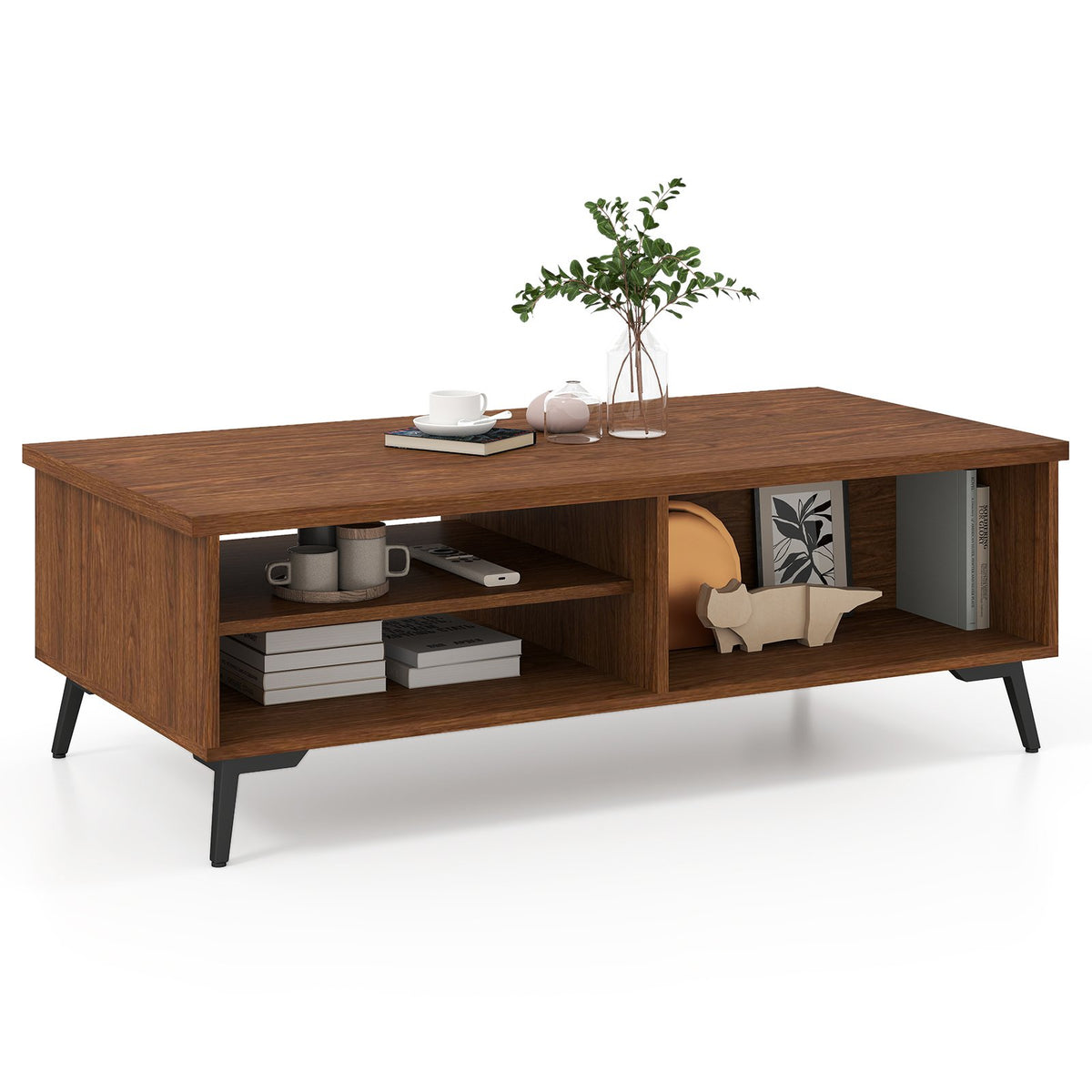 2-Tier Mid Century Modern Coffee Table with Storage Shelves Compartments-Walnut view 4