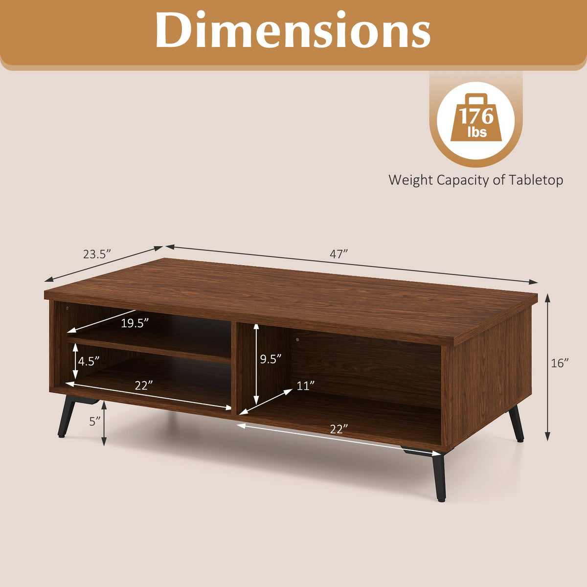 2-Tier Mid Century Modern Coffee Table with Storage Shelves Compartments-Walnut view 5