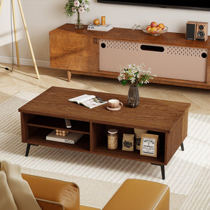 2-Tier Mid Century Modern Coffee Table with Storage Shelves Compartments-Walnut view 6