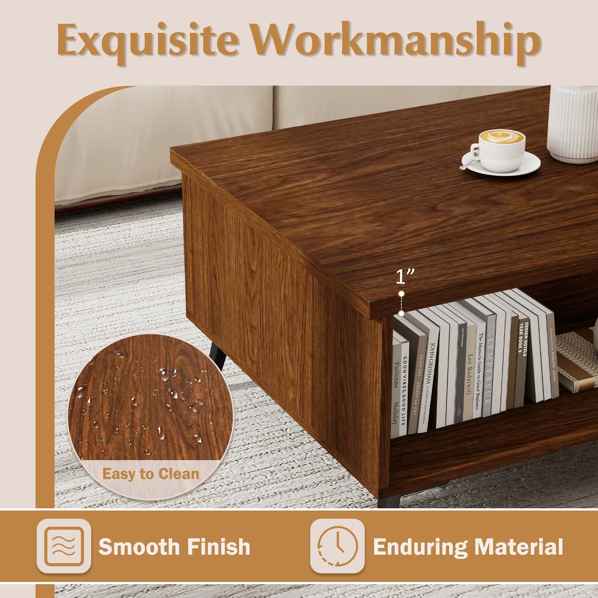 2-Tier Mid Century Modern Coffee Table with Storage Shelves Compartments-Walnut view 9