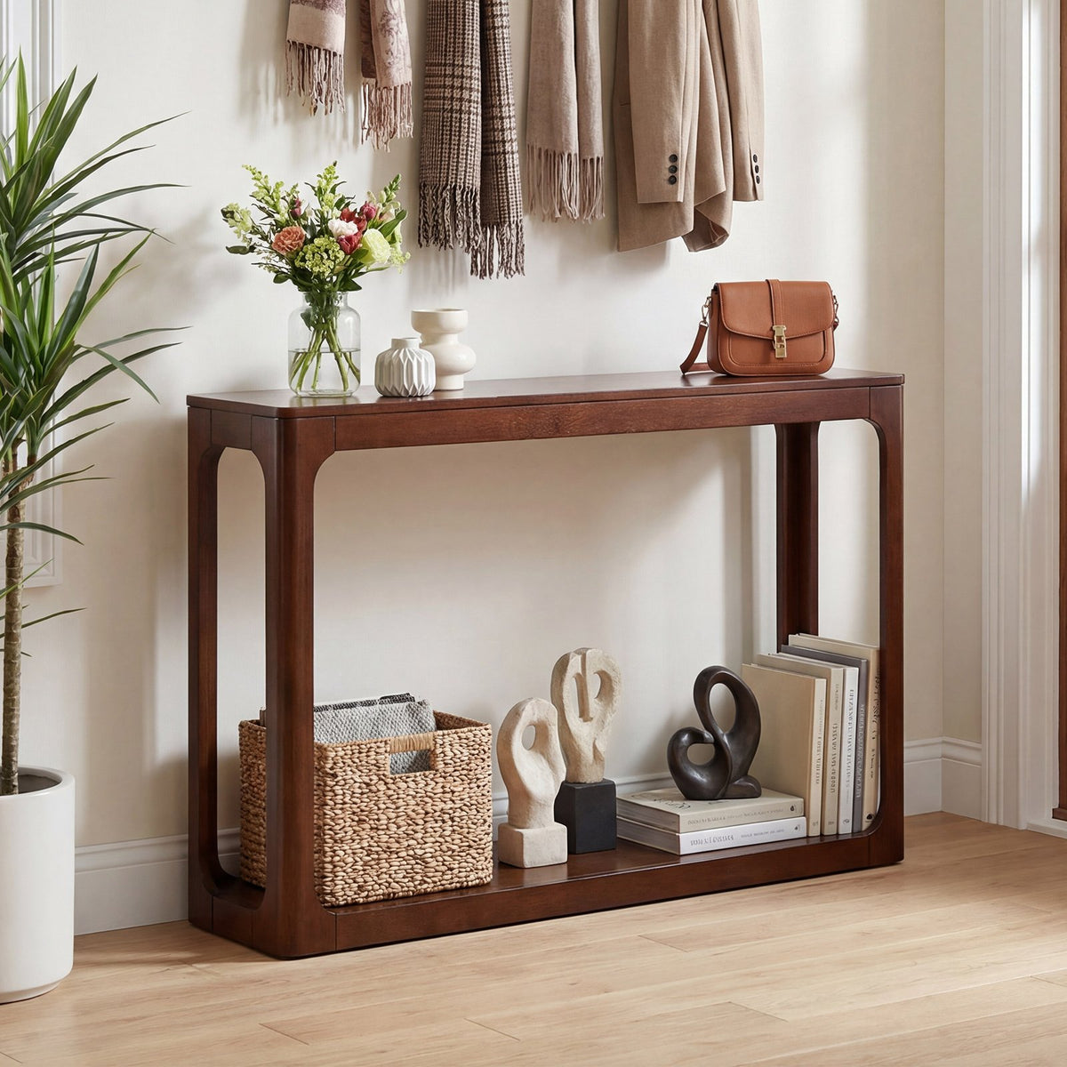 2-Tier Mid Century Wood Console Table with Storage Shelf-Brown view 2