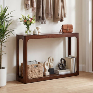 2-Tier Mid Century Wood Console Table with Storage Shelf-Brown view 2