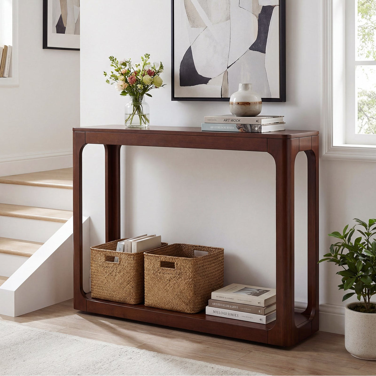 2-Tier Mid Century Wood Console Table with Storage Shelf-Brown view 3