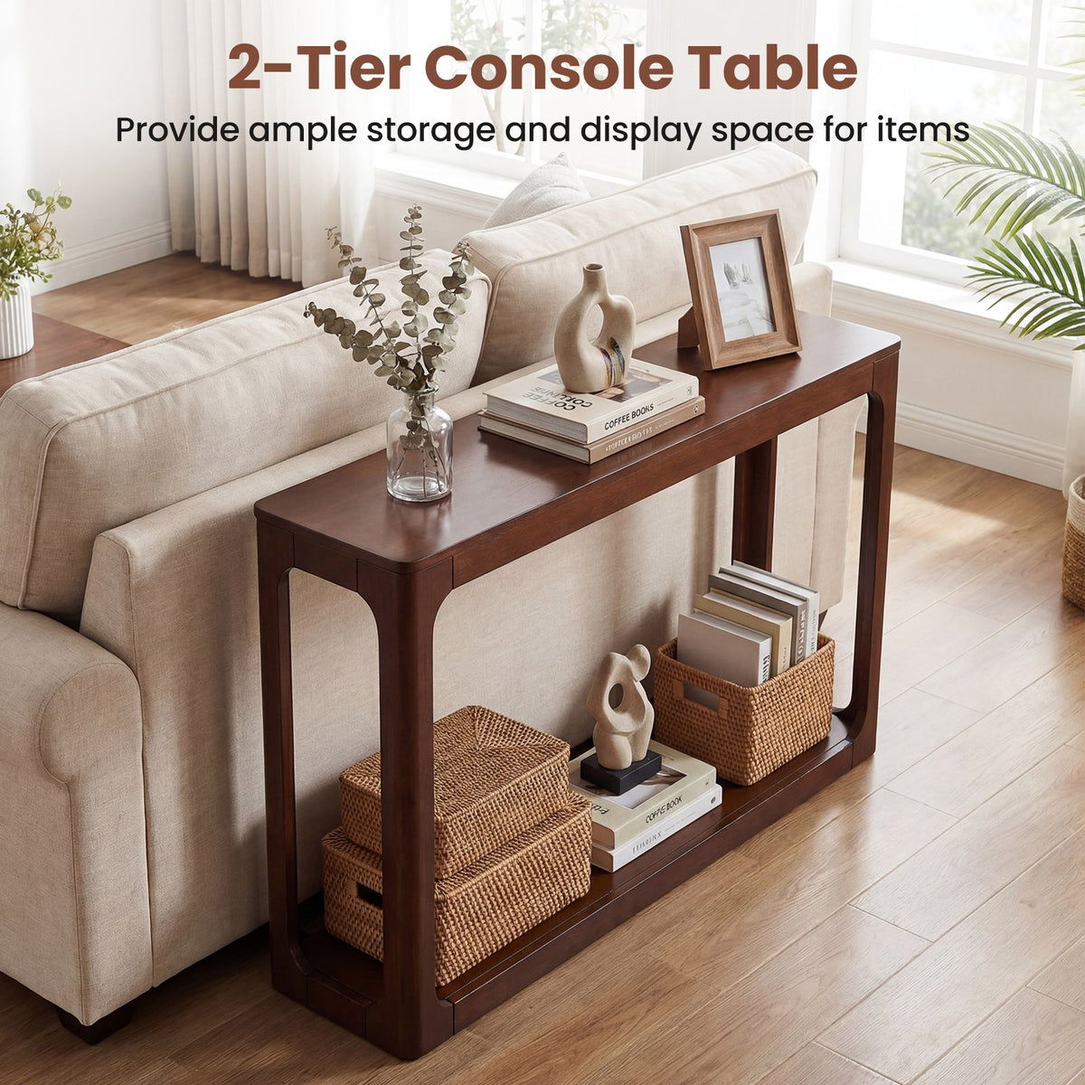 2-Tier Mid Century Wood Console Table with Storage Shelf-Brown view 6