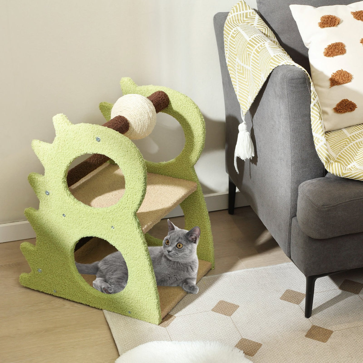 2-Tier Modern Cat Tree for Indoor Cats with Rotatable Sisal Scratching Ball-Green view 2