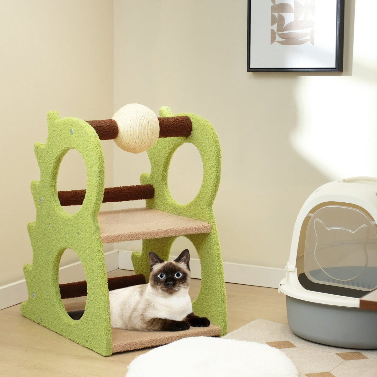 2-Tier Modern Cat Tree for Indoor Cats with Rotatable Sisal Scratching Ball-Green view 3