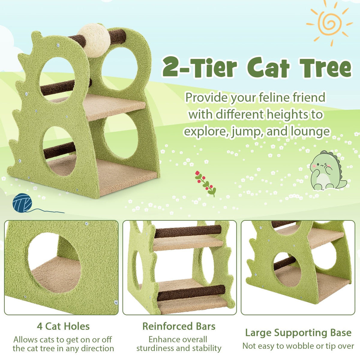 2-Tier Modern Cat Tree for Indoor Cats with Rotatable Sisal Scratching Ball-Green view 6