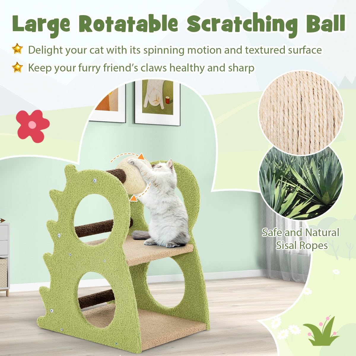 2-Tier Modern Cat Tree for Indoor Cats with Rotatable Sisal Scratching Ball-Green view 7
