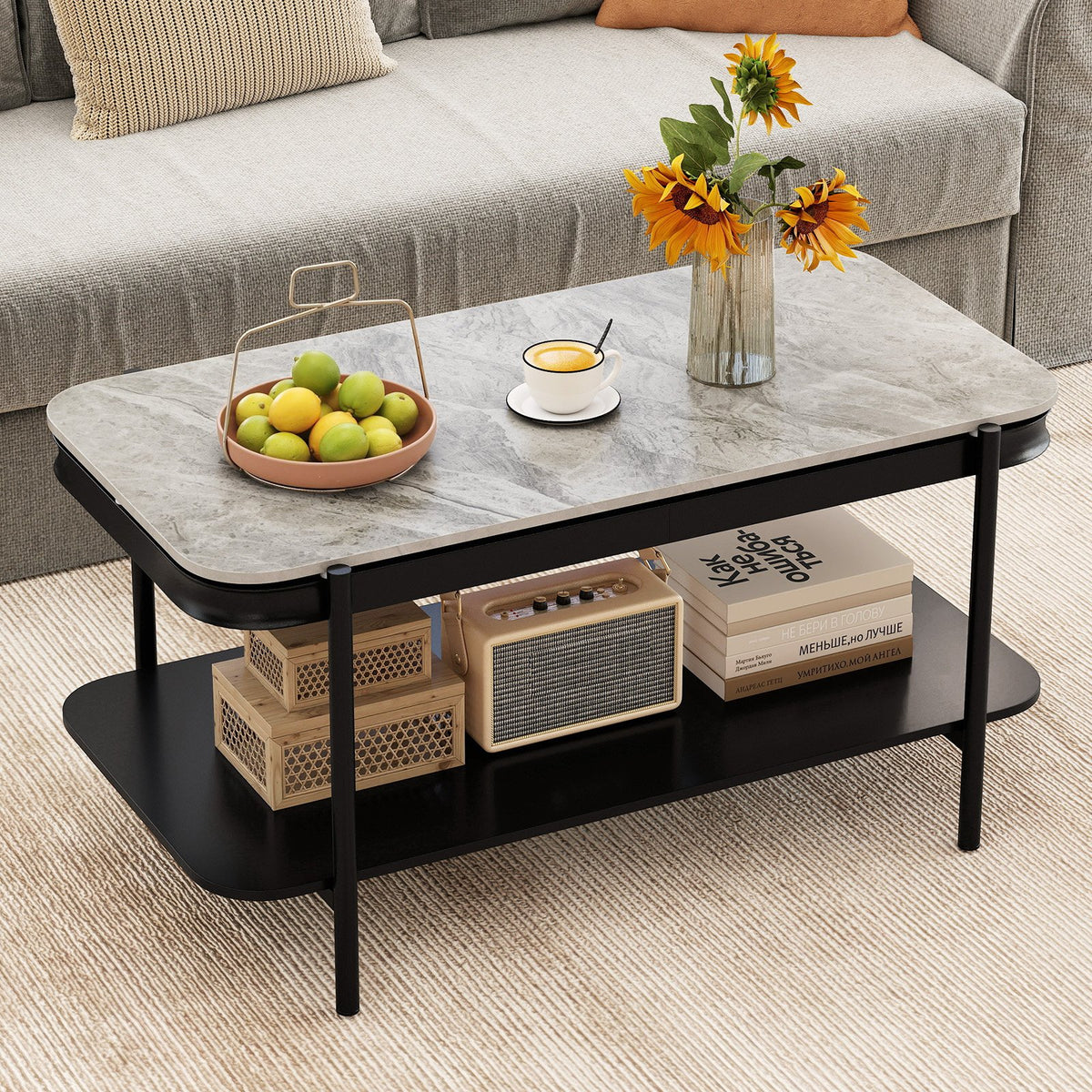 2-Tier Modern Rectangular Coffee Table with Sintered Stone Top-Gray view 2