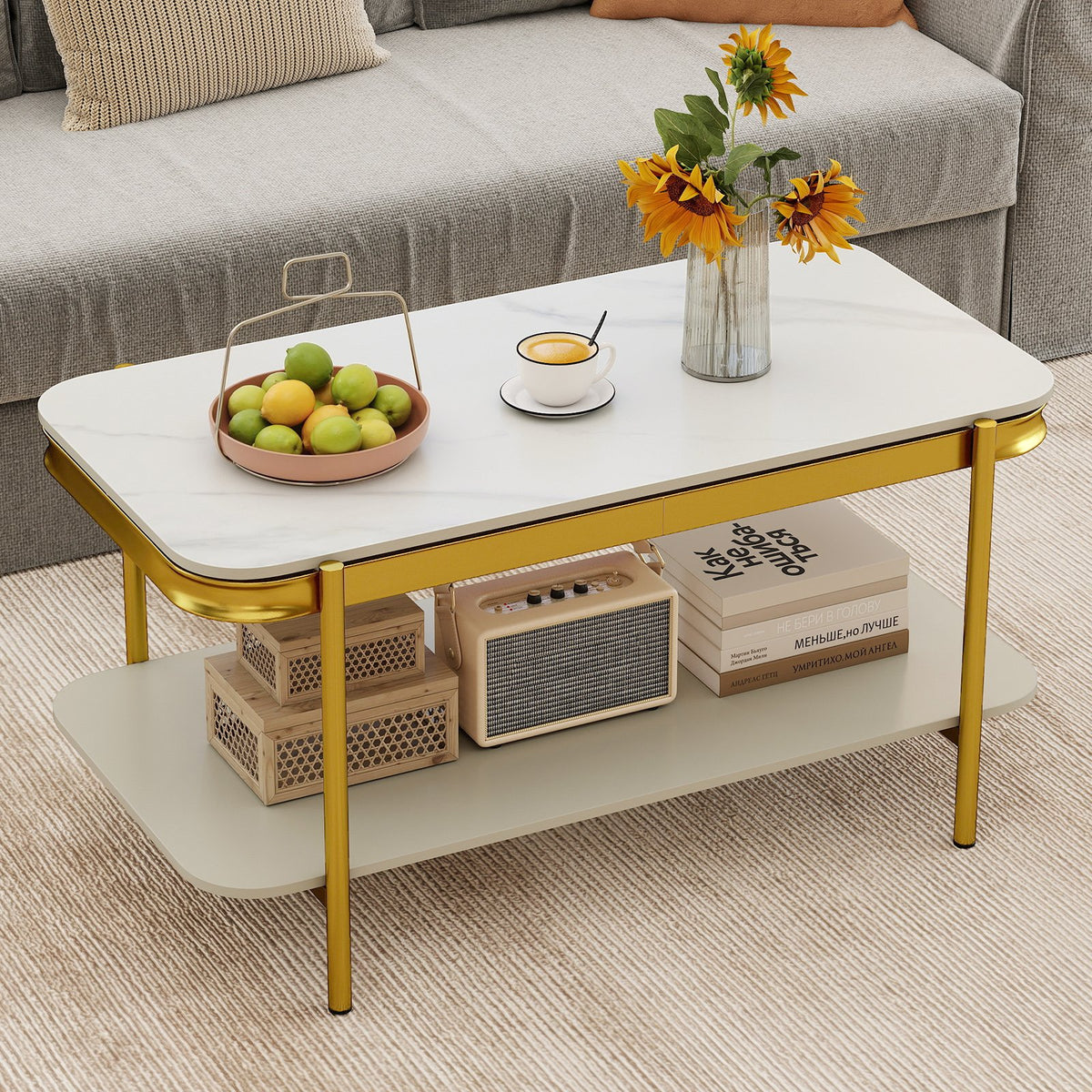 2-Tier Modern Rectangular Coffee Table with Sintered Stone Top-White view 2