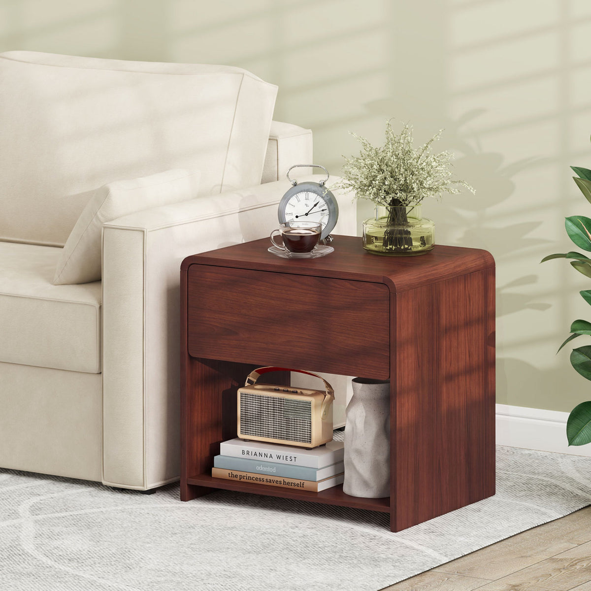 2-Tier Modern Style Nightstand with Drawer and Open Shelf for Bedroom-Walnut view 2