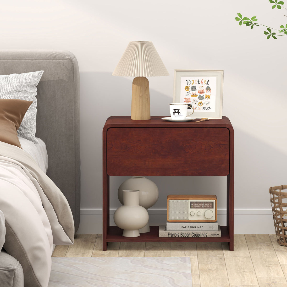 2-Tier Modern Style Nightstand with Drawer and Open Shelf for Bedroom-Walnut view 3
