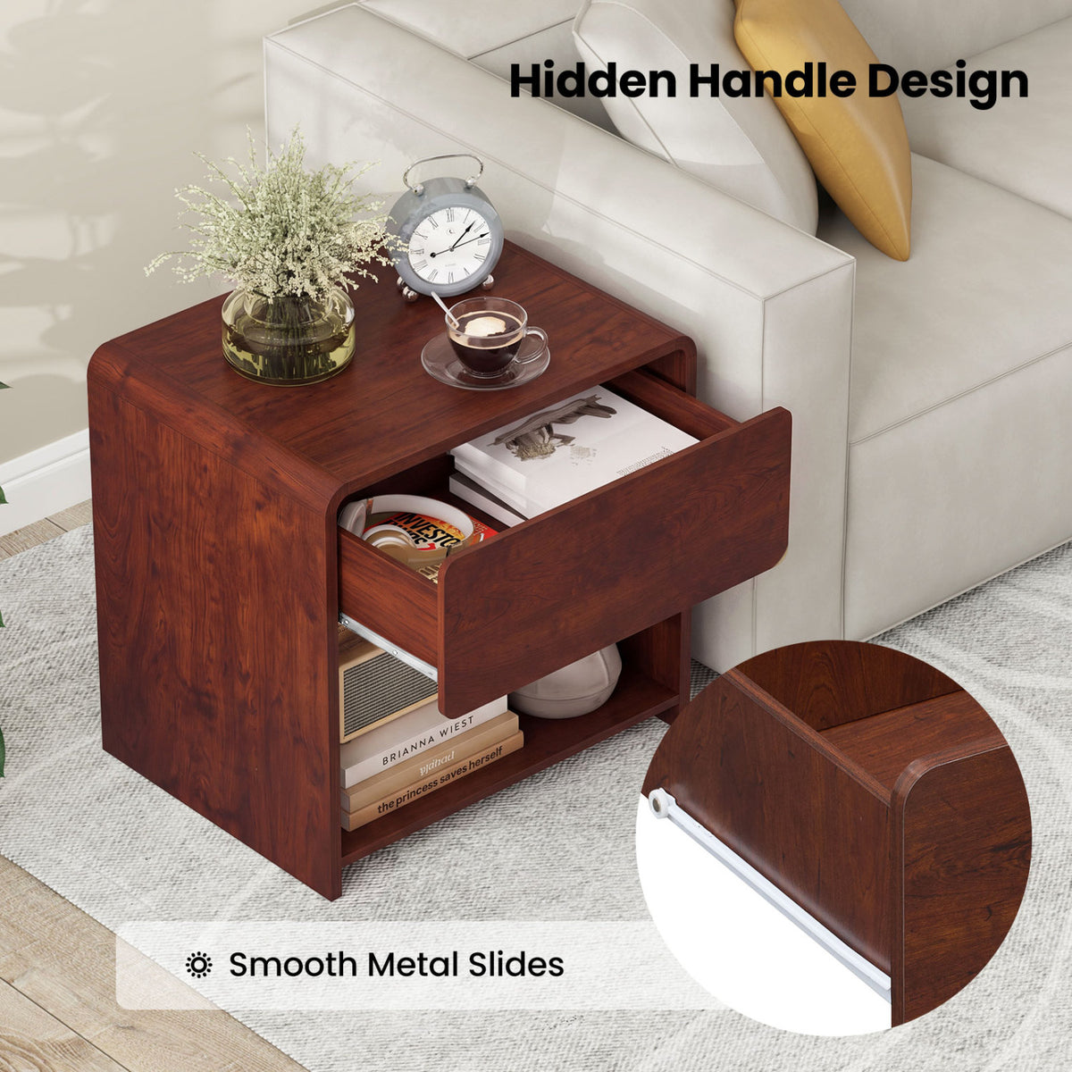 2-Tier Modern Style Nightstand with Drawer and Open Shelf for Bedroom-Walnut view 7