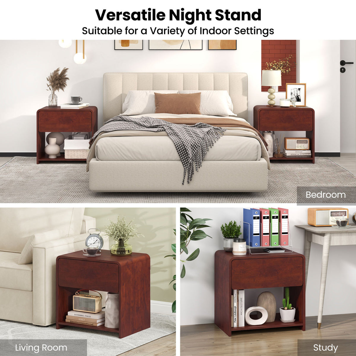 2-Tier Modern Style Nightstand with Drawer and Open Shelf for Bedroom-Walnut view 9