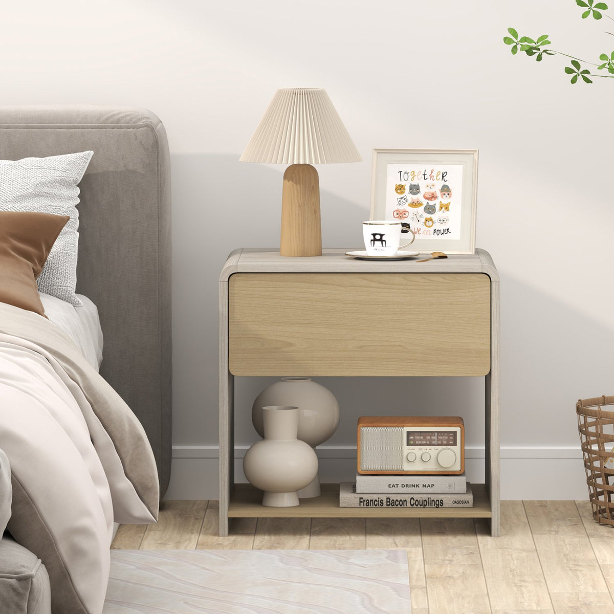 2-Tier Modern Style Nightstand with Drawer and Open Shelf-Oak view 3
