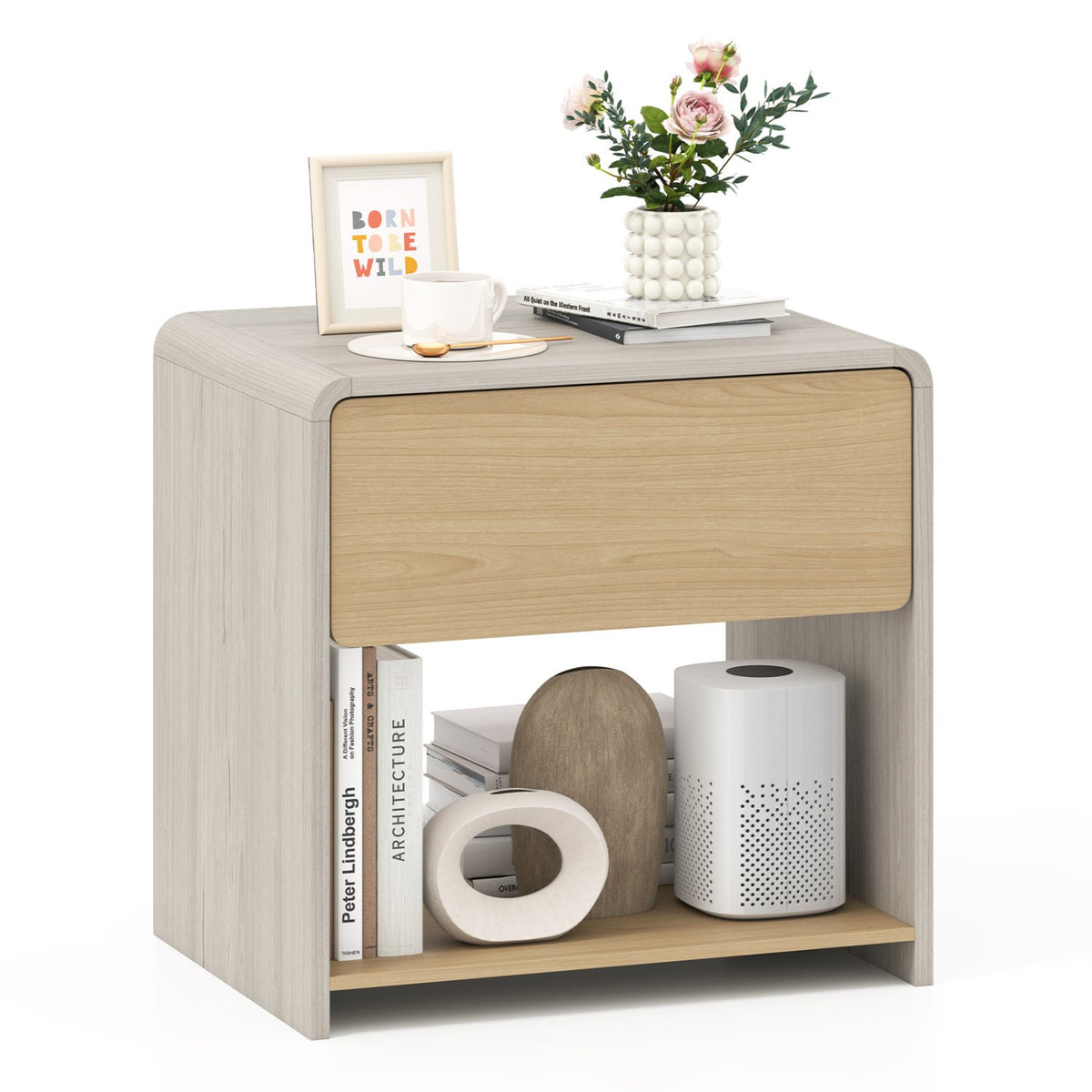 2-Tier Modern Style Nightstand with Drawer and Open Shelf-Oak view 4