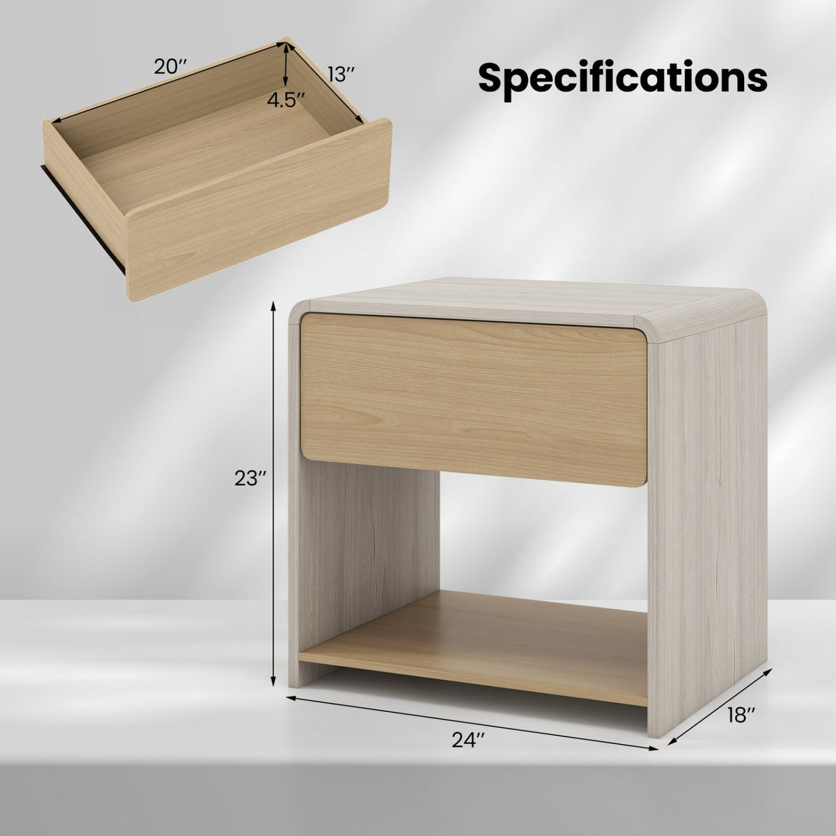 2-Tier Modern Style Nightstand with Drawer and Open Shelf-Oak view 5