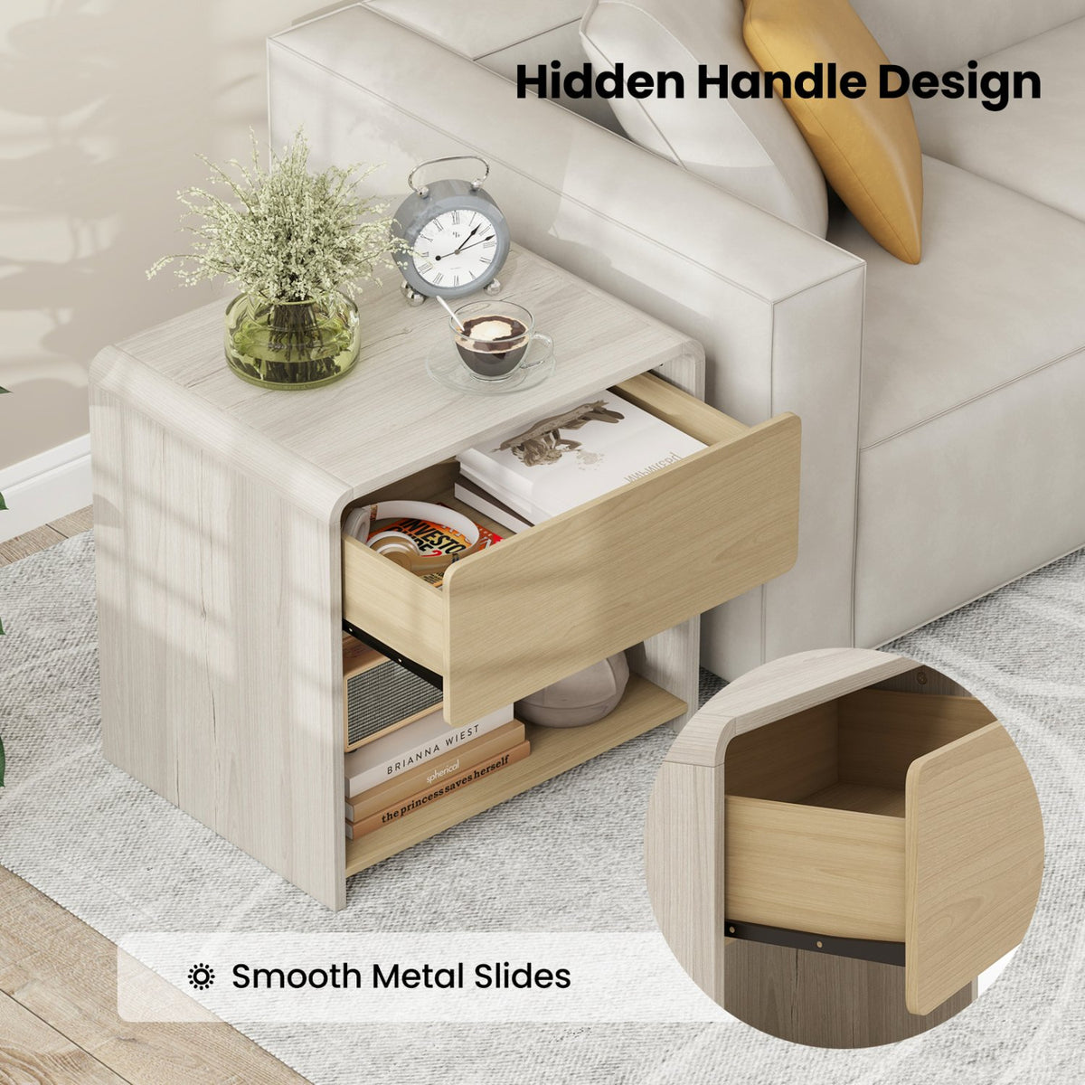 2-Tier Modern Style Nightstand with Drawer and Open Shelf-Oak view 9