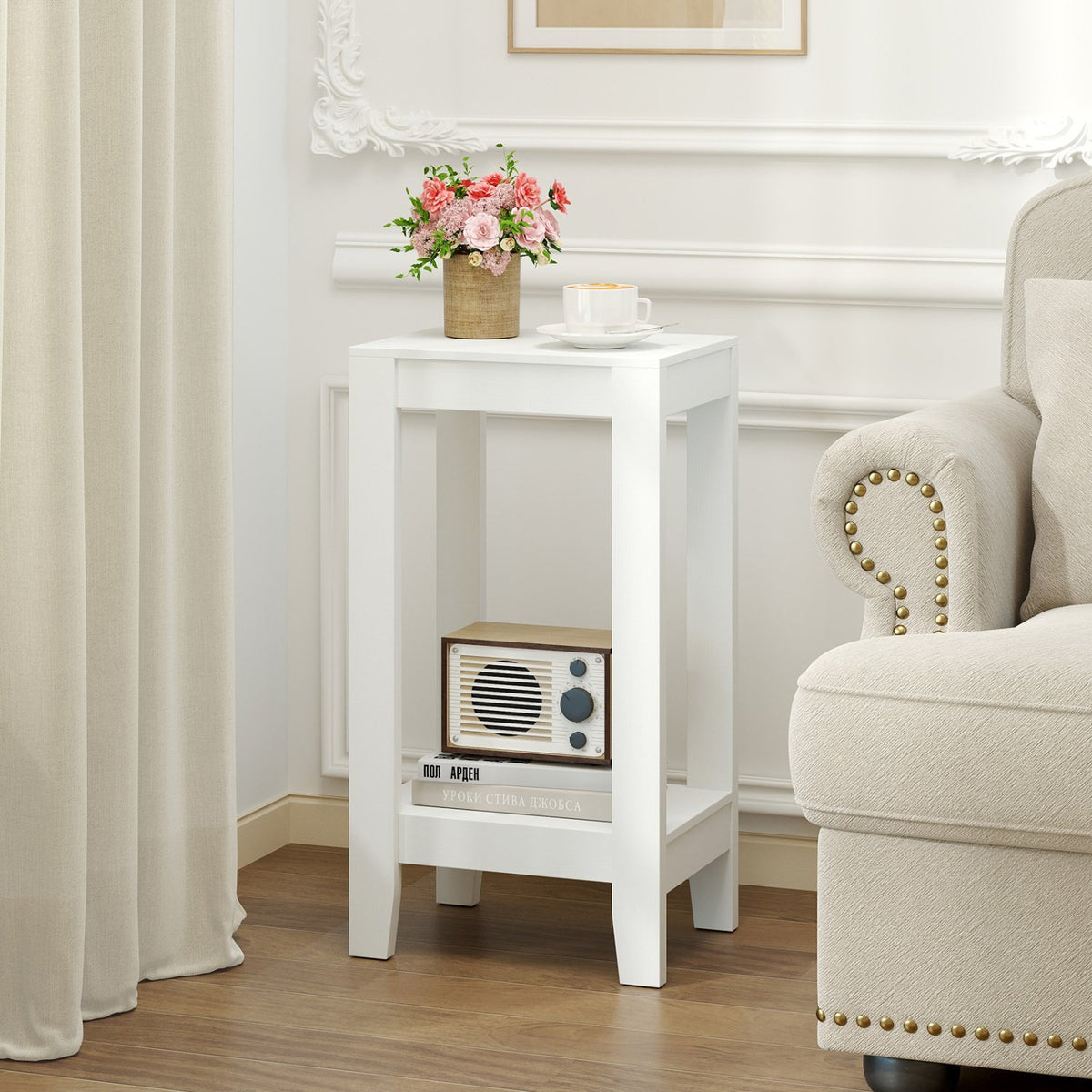 2-Tier Nightstand End Side Wooden Legs Table for Bedroom-White view 2
