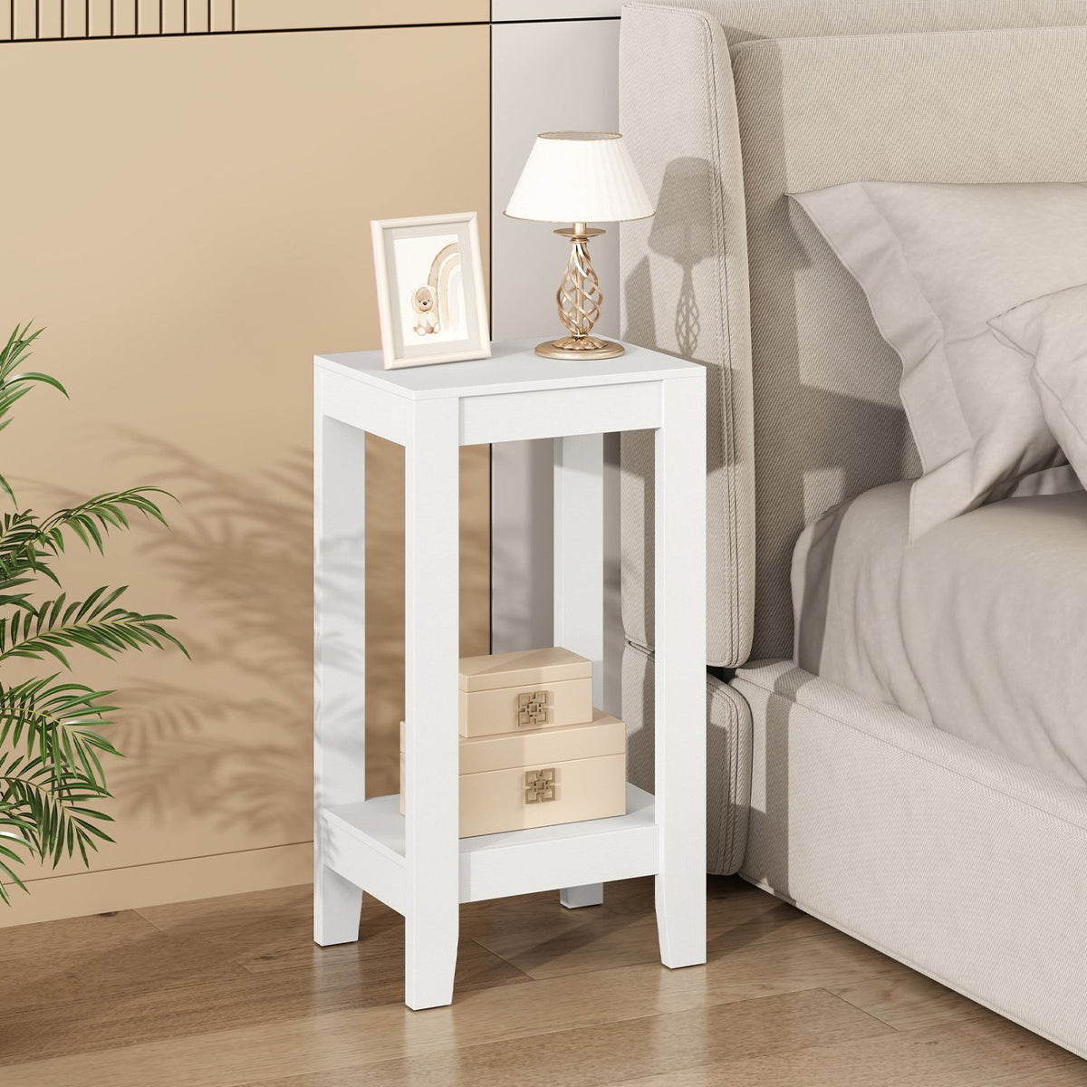 2-Tier Nightstand End Side Wooden Legs Table for Bedroom-White view 3