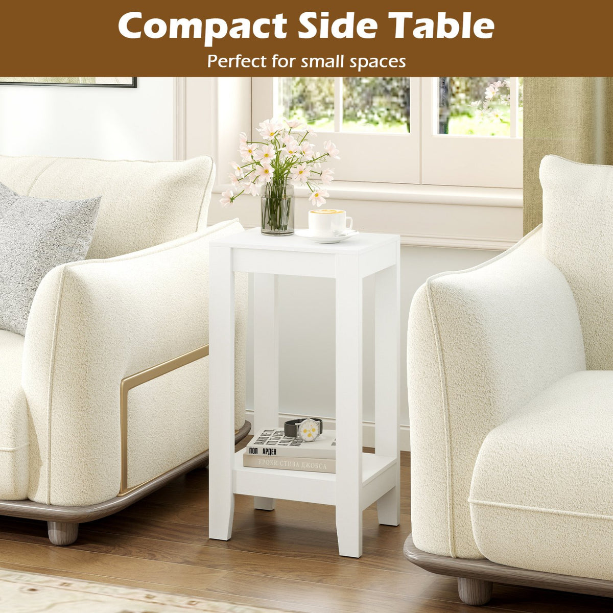 2-Tier Nightstand End Side Wooden Legs Table for Bedroom-White view 6